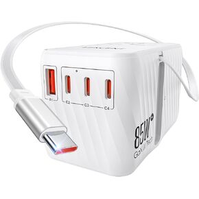 LENCENT 85W Universal Travel Adapter with Retractable USB C Cable, GaN International Plug Adapter with 3 Type C &1 USB A Ports Fast Charging, Worldwide Outlet Converter for US to European EU UK AUS