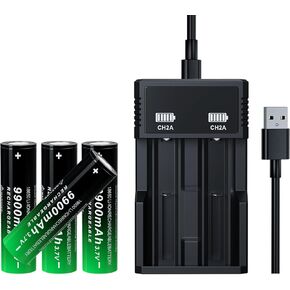18650 Rechargeable Battery and Charger 9900mAh 3.7v Li-ion Batteries for Handheld Flashlights, Headlamps, Doorbells, Toys, Cameras (4pcs) (Flat Top)