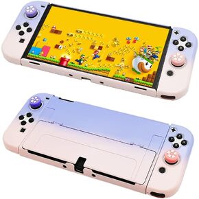 حالة الحماية لمفتاح Nintendo OLED (Model 2021) ، حالة غطاء قابلة للرسو OLED Case Flip Case لمحول OLED و Joy -Con مع قبعات قبضة الإبهام - PREAPLE+PINK