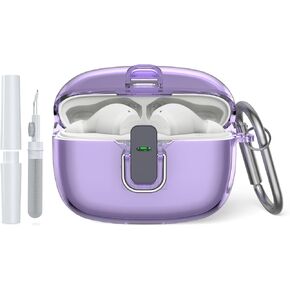 for JBL Vibe 200TWS/JBL Vibe Beam Case Cover Lock Clip with Cleaner Kit, JBL Vibe 200TWS TPU Protective Case with Carabiner Compatible with JBL Vibe Beam Charging Case (Clear Purple)