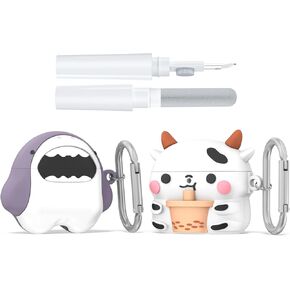 [2 Pack] Cute Animal Anime Cases for Airpods 4 with Keychain and Cleaner kit,3D Cartoon Kawaii Funny Soft cute Silicone Case Protective Cover Compatible for Airpods 4(Boba Tea Cow and Big Mouth Shark)