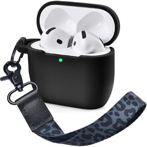 Compatible with AirPods 4 Case - Soft Silicone Cover with Wrist Lanyard for Keys,Shockproof and Scratch-Resistant, with a Cute Design for Apple AirPods 4th Generation for Women (Black Leopard)