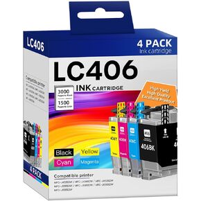 LC406 Ink Cartridges Compatible for Brother LC406 LC406XL LC 406 XL Work for Brother MFC-J4535DW MFC-J4335DW MFC-J5855DW MFC-J6555DW MFC-J6955DW Printer (4 Pack, Black, Cyan, Magenta, Yellow)