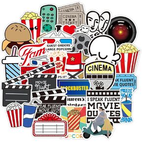 Movie Party Sticker 50Pcs Cinema Stickers for Water Bottle Laptop Skateboard Car Popcorn Sticker Motorcycle Luggage Guitar Decoration Patches Waterproof Vinyl Stickers for Adults Teens Kids Art Film
