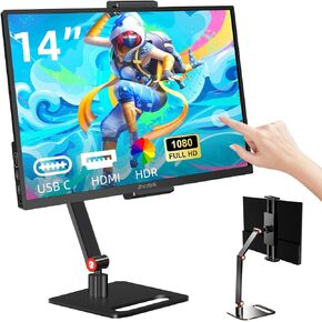 14 Inch Touchscreen Portable Monitor 1080P Slim and Lightweight Bezel-less FHD IPS HDR Gaming Monitor, Laptop Travel Sub-Monitor with Built-in Speakers and VESA for Laptop Mac PC Xbox PS4/5 Switch