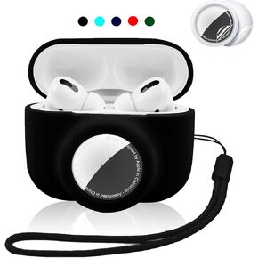 2 in 1 Protective Case for Apple Airpods Pro 2 Air Tag Holder Combo with Lanyard，Anti-Scratch Anti-Lost Silicone GPS Tracker Cover Holder with 2 PCS TPU Screen Protector (Black)