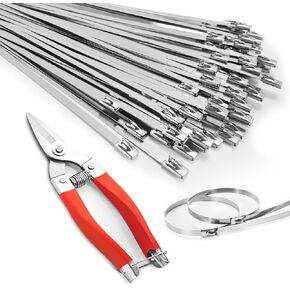 Heavy Duty Metal Zip Ties Kit (With Tie Cutter) Corrosion Resistance Stainless Steel Zip Ties, 11.8 Inch 50 Pieces, for Machinery, Vehicles, Exhaust Wrap, Farms, Pipes, Cables, and Outdoor Fence