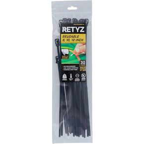 RETYZ Releasable Cable Ties Combo Pack, 30 Pack, 50 lb Tensile Strength, Multi-Size (8-Inch, 10-Inch, 12-Inch), All Black, Heavy Duty Zip Ties, Reusable, Patented Quick-Release Design