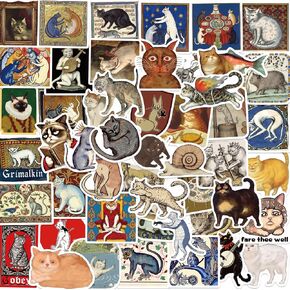 50PCS Medieval Cat Stickers Vintage Aesthetic Stickers Retro Cat Party Favors Medieval Cat Decoration Waterproof Vinyl Stickers