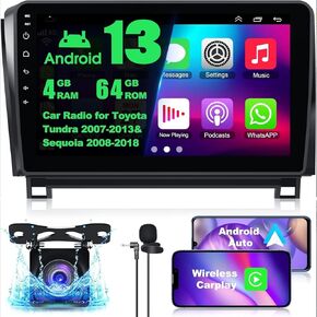 4+64G Car Radio for Toyota Tundra 2007-2013 Sequoia 2008-2018 Head Unit,10 Inch Android 13 Tundra Stereo with Wireless Carplay&Android Auto Bluetooth/Voice Control/GPS/Back-up Camera/FM/DSP/SWC/WiFi