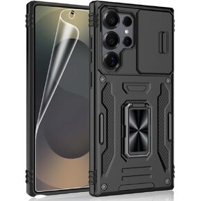 for Samsung Galaxy S25 Ultra Case, Shockproof Phone Case & Sliding Camera Cover & Ring Holder Kickstand with Soft TPU Screen Protector [Black]