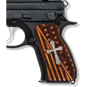Mammoth CZ 75 Compact Walnut Wood Grips, Super Quality CNC/Handcrafted Hybrid American Flag and Christian Cross Gun Grips - Premium Pistol Grip Accessories for CZ-75 Compact, BROWN AND SILVER
