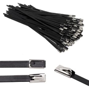 50pcs Metal Zip Ties Heavy Duty Outdoor, 304 Stainless Steel Epoxy Coated Push Mount Zip Ties Black, Self Locking Wire Ties Strap, Chain Link Fence Ties (11.8 inch)