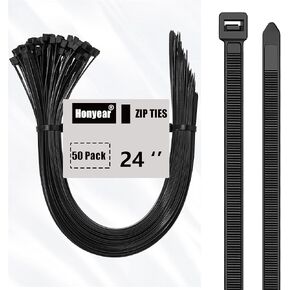 Long Zip Ties Heavy Duty 24 Inch, 50 Pcs Strong Large Cable Ties with 200 LBS Tensile Strength, Multi-Purpose Durable Nylon Black Zip Ties Wraps for Indoor, Outdoor