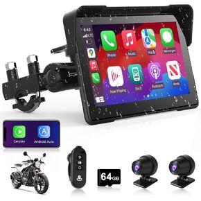 Motorcycle CarPlay & Android Auto 7 inch Motorcycle DVR Wireless Carplay Screen for Moto with Dual 2K Cameras GPS Navigation for Motorbike, Remote Control, Voice Control, Bluetooth, TF-64G