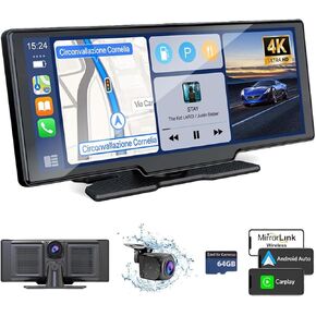 Wireless Car Play Screen with 4K Dashcam, 10.26 Inch Compatible with Apple Carplay/Android Auto, Carplay Screen for Car with 1080P Backup Camera,GPS Navigation/Mirror Link/Voice Control/Bluetooth