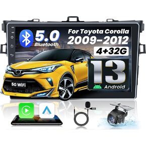 8 Core 4G+32G Android 13 Upgrade Car Radio for Toyota Corolla 2009-2013: 9" 1280 * 800 HD Touchscreen Stereo with Wireless Carplay Android Auto, Backup Camera Mirror Link GPS Bluetooth 5G WiFi SWC FM