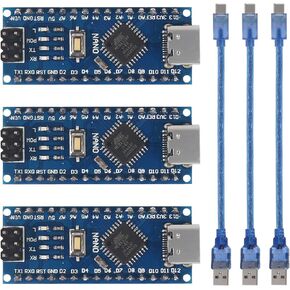 3PCS Pre-soldered Nano Board CH340/ATmega328P CH340G Chip 5V 16M, with 3PCS USB Cable Compatible with Arduino (USB C Port)