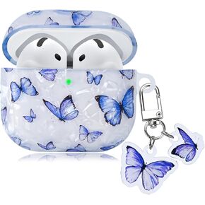Case for AirPod 4 with Butterfly Pendant, Kawaii Dreamy Blue Butterfly Shell Design Soft Shockproof Protective Cover Compatiable for AirPods 4th Generation 2024 Released