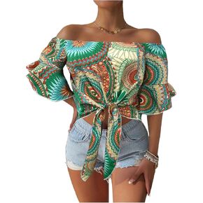 SweatyRocks Women's Ruffle Half Sleeve Off Shoulder Knot Front Floral Crop Blouses