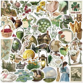50Pcs Vintage Aesthetic Stickers, Cute Rustic Decals for Water Bottle, Laptop, Journal, Scrapbook, Kindle, Computer, Skateboard, Luggage, Waterproof Vinyl Stickers for Teens Adults