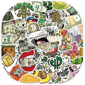 50Pcs Cute Money Wealth Stickers Vinyl Waterproof Dollar Treasure Stickers Decals for Water Bottle Laptop Skateboard Car Bumper Computer for Boys Girls Teens (Money)