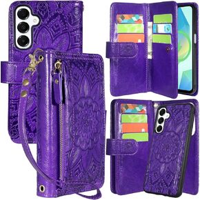 Harryshell Compatible with Samsung Galaxy A16 5G Wallet Detachable Magnetic Phone Case [Theft-Scan Blocking] Card Slots, Cash Zipper Pocket Wrist Strap (Floral Purple)