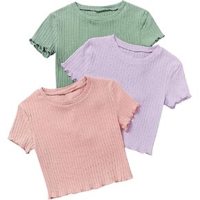 OYOANGLE Girl's 3Pcs Rib-Knit Short Sleeve Crop Top Crew Neck Lettuce Trim Crop Tee Top