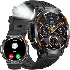 Military Smart Watches for Men (Answer/Make Call) with Flashlight, 450mAh Battery Fitness Tracker with Multiple Sport Modes, Waterproof Smartwatch with Heart Rate/Sleep Monitor