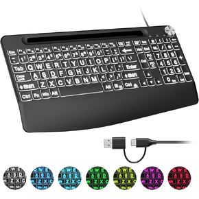 Wired Large Print Keyboard with 7 Colored Backlits,Rechargeable,with Phone Holder &Wrist Rest, Lighted up Full Size Keyboard for Mac Windows Laptop PC, Black