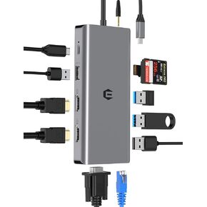 Qhou USB C Docking, 12 in 1 USB C HUB, Triple Display Docking Station with 2 * 4K HDMI, 1 VGA, 100W PD, 3*USB 3.0, 1*USB 2.0, Gigabit Ethernet, SD/TF, Audio, Compatible with Tablets, Laptopss
