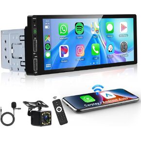 Single Din Car Stereo Touch Screen Carplay Android Auto, Rimoody 6.86" Car Radio Bluetooth 5.0 Mirror Link FM/EQ USB/AUX/TF/SWC/MIC Car Audio Receiver with Backup Camera