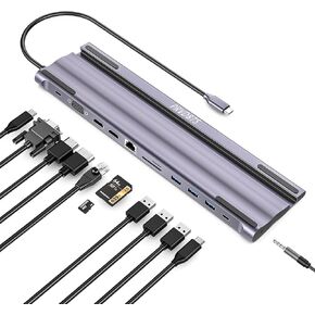 12 in 1 Multi-Port USB C Dock, PRVDBTS Laptop Stand Cooling Design, HDMI 4K, USB-C PD 100W, USB-A 3.0 5Gbps, RJ45 Gigabit, 1000Mbps, VGA, Ultra-Fast Transmission, SD/TF Card Reader