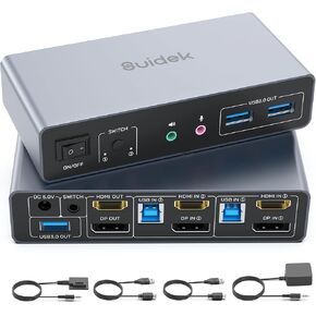 HDMI Displayport KVM Switch, 2 Computers 2 Monitors 4K@60Hz KVM Switcher Dual Monitor for 2 PC, 3 USB 3.0 Ports Support Extended/Mirror Mode with Desktop Controller&2 USB Cables&Power Adapter