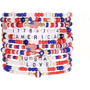 Bracelet Red, White, and Blue Independence Day Stretch Bracelet, Combination of Artificial Crystal, Letters, Flags, and Star Shapes, Stylish Accessory for Patriotic Occasions.