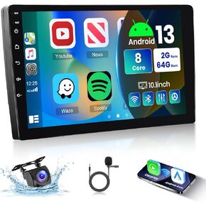 [8 CORE 2G+64G] Android 13 Double Din Car Radio Wireless Carpla Android Auto, 10.1" IPS HD Touchscreen Car Stereo with Bluetooth GPS WiFi FM/RDS 32EQ Mirror Link DSP SWC Backup Camera
