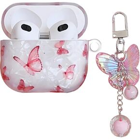 Case for AirPod 4 wit Butterfly Pearl Keychain, Marble Kawaii Pink Butterfly Design Hard TPU Cover for AirPods 4th Generation 2024 Released