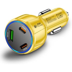 3-Port 90W USB C Car Charger, PD30W & QC3.0 Fast Car Charger Cigarette Lighter Plug Adapter for iPhone/Android/Samsung/iPad (Yellow)