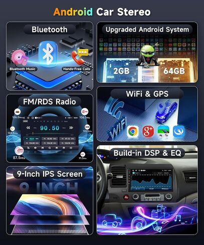 2G 64G 【شريحة GPS Build-In】 Car Stereo Radio لـ Honda Civic 2007-2011 Wireless Carroid Android Auto Mirrorlink ، 9 Inch 1080p HD IPS Louch Screen in Saudi Arabia