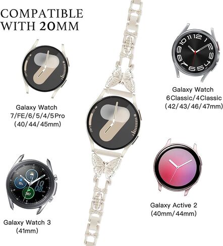 20mm Watch Band for Samsung Galaxy Watch 7 6 5 4 FE Band 40mm 44mm, Women Bling Diamond Slim Metal band for Samsung Watch Bands 7 6 5 4 FE/5Pro/Watch 6 4 Classic/Watch 3 41mm/Active 2 in Kuwait