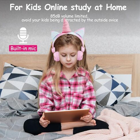 سماعات SVYHUOK UNICORN KIDS Bluetooth للفتيات ، سماعات الرأس اللاسلكية مع الميكروفون للمراهقين ، وحجم آمن محدود 85 ديسيبل POM CAT Over-Earr HD مع MIC للمدرسة/الكمبيوتر اللوحي/عيد الميلاد هدية عيد الميلاد in Kuwait