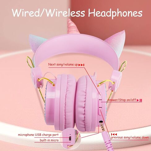 سماعات SVYHUOK UNICORN KIDS Bluetooth للفتيات ، سماعات الرأس اللاسلكية مع الميكروفون للمراهقين ، وحجم آمن محدود 85 ديسيبل POM CAT Over-Earr HD مع MIC للمدرسة/الكمبيوتر اللوحي/عيد الميلاد هدية عيد الميلاد in Kuwait