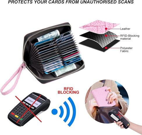 محافظ حامل بطاقات الائتمان EcoVision RFID للنساء بمساحة تخزين كبيرة وسحاب الأكورديون وحامل بطاقات، حافظة جلدية منظمة مع حبل in Kuwait