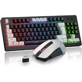 BlueFinger Wireless Gaming Keyboard and Mouse Combo, RGB Rainbow Backlit Rechargeable Battery, 87 Keys TKL Light Up Keyboard with Ergonomic Gaming Mouse for Mac Laptop Computer PC Gamer(White & Black)