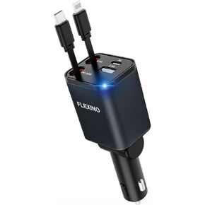 Flexino Retractable Car Charger 4 in 1, Car Charger for iPhone 16, USB C Car Charger, 69W Fast Charging Car Charger, Compact Car Phone Charger, Fit for iPhone 16/15/14/13/12, Samsung, Black