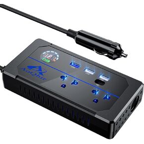 Car Inverter 200W DC12V to AC100V Converter, 3 USB Ports with QC3.0 Fast Charging, TYP-C Support, Smart Display, Multi-Protection, Car Power Inverter for Charging & Power Supply