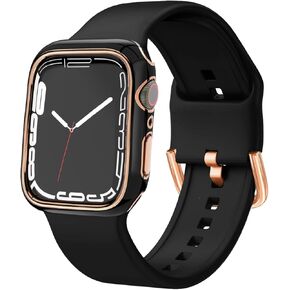 Sport Band and Bumper Case Compatible with Apple Watch 40mm 38mm 41mm 42mm 44mm 45mm 46mm Women, Soft Silicone Straps and Rose Gold Edge Protector Frame for iWatch Series 10 9 8 7 6 5 4 3 2 1 SE