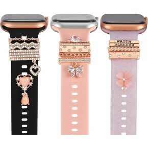15pcs watch charms with 12pcs Decorative ring Loops 3pcs watch stud,metal Diamond Sliding Strap Accessories Compatible with Apple watch Silicone bands iwatch Series Rhinstone ornament