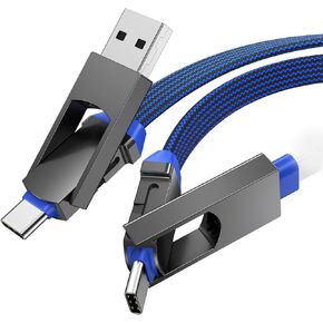 4 في 1 كبل شحن USB PD 60W الشحن السريع ومزامنة البيانات USB C كبل شحن Multi شحن Braide مسطح مع منافذ C/USB A لـ Galaxy ، 5ft (Blue)