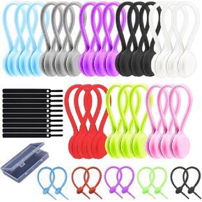 Magnetic Cable Ties, 24 Pack Magnetic Silicone Cable Ties with 10 pcs Beaded Cable Ties, 10 pcs Silicone Cable Ties & Box, Durable & Reusable Snap On Magnetic Cable Ties for Home, Office, & Travel